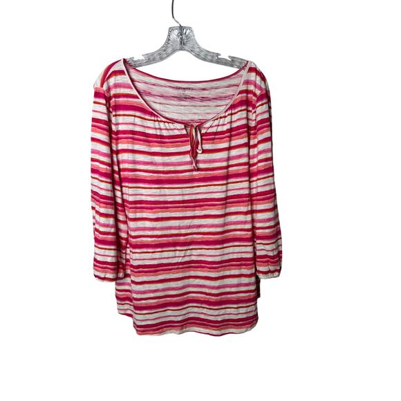 Talbots Plus 2X Pink Striped Tie Neck Top Cotton Modal 3/4 Sleeve Boho Blouse - Picture 1 of 6